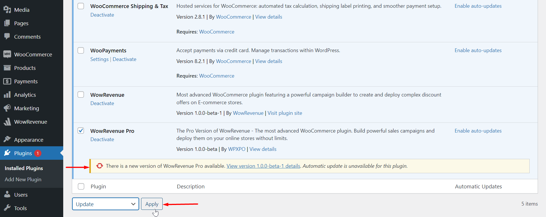 Updating WowRevenue plugin from WordPress dashboard